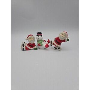 Vintage Ceramic Tumbling Santas on Skates & Snowman Flambro Taiwan